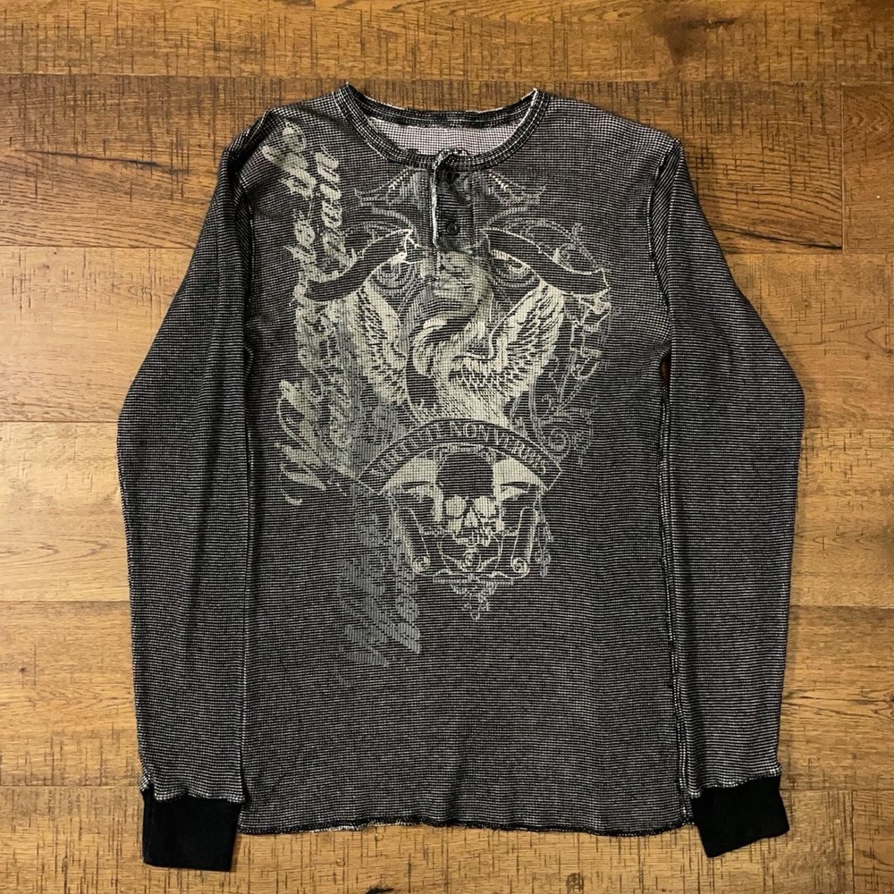 Paris Henley Shirt Mens XL Grey Black Y2K Grunge Skull Angel Thermal Long Sleeve